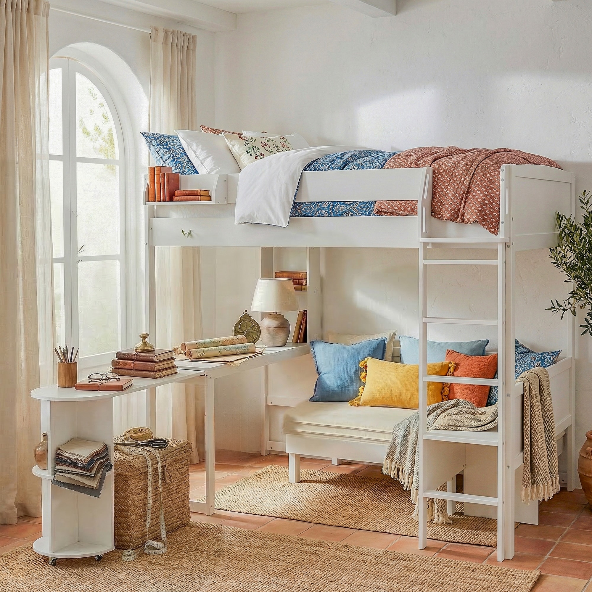 Full Size Wood Loft Bed with Desk, Bedside Storage Shelf, Sofa and Light