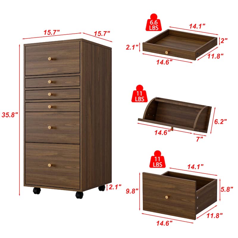 Rolling Makeup Vanity Cabinet with LED Light Mirror, Walnut Tall Dresser with 9-Grid Organizer, Drawers & Tilt-Out Storage