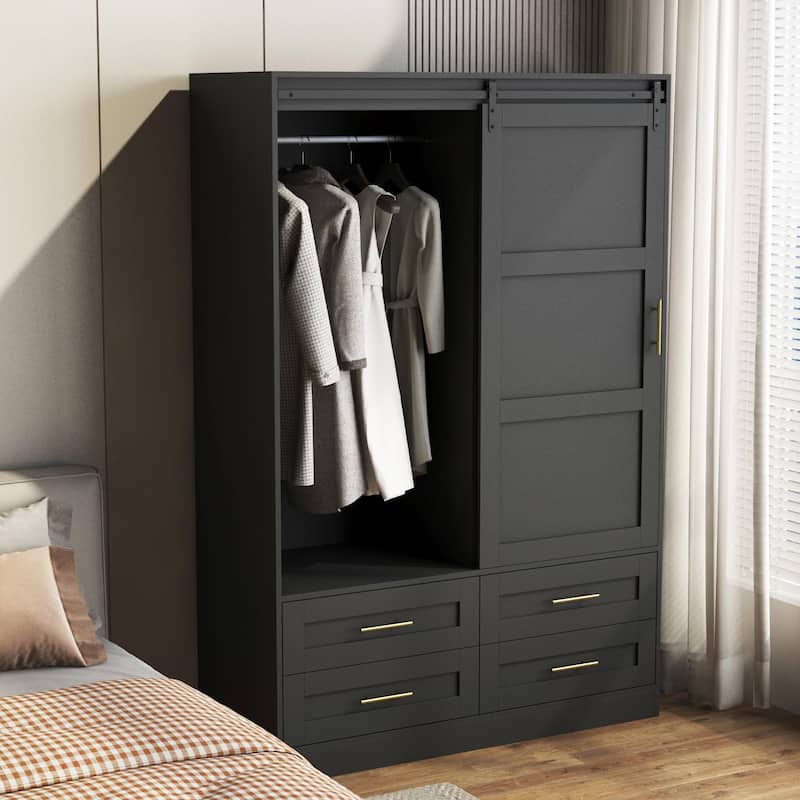 Tall Bedroom Armoire Wardrobe Closet with Hanging Rod, Barn Door, Drawers, and Open Shelves