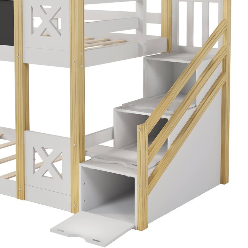 Twin Wood Bunk Bed with Blackboard, Storage Staircase, and Guardrails