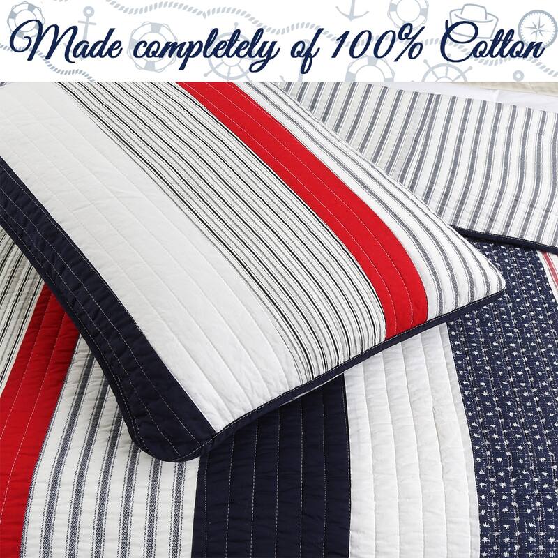 Cozy Line Liberty Patriotic Stripes Reversible Red Blue White Striped Patchwork Cotton Quilt Bedding Set