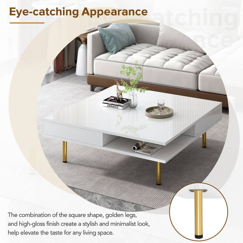 Stylish High Gloss Coffee Table 2 Tier Square Center Table with 4 Gold Legs and 2 Small Drawers, for Living Room