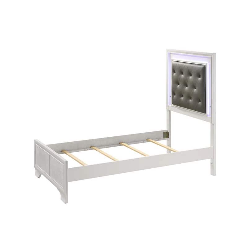 Lise Twin Size Bed, Gray Fabric Upholstery, LED Lit, Modern White Wood