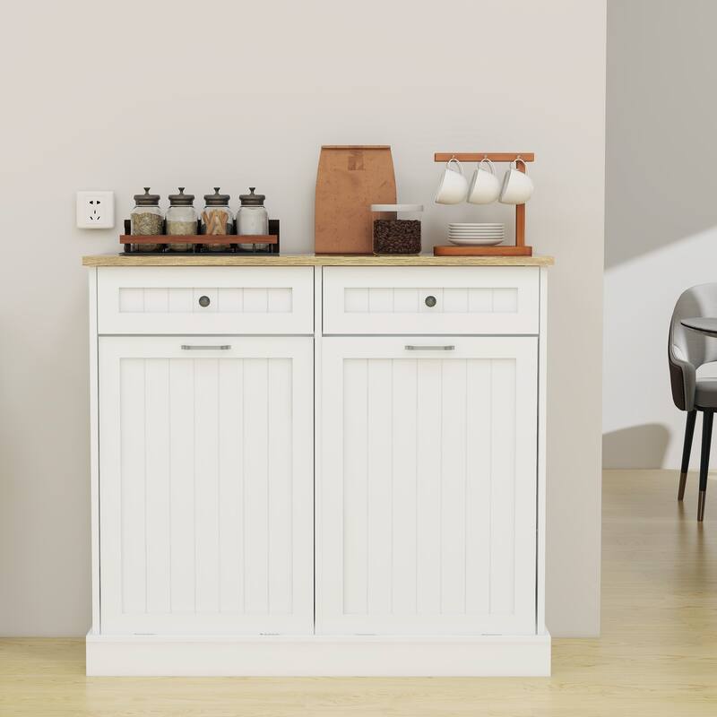 Anmytek White Farmhouse Kitchen Trash Cabinet with 2 Drawers and Tilt-Out 2-Compartment Storage