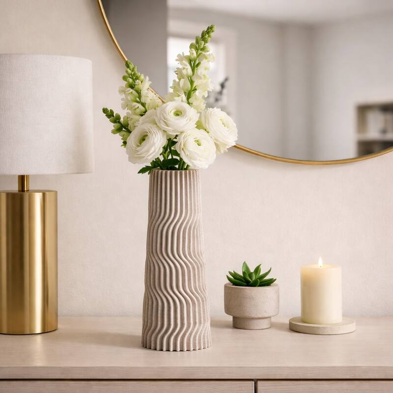 Decorative Vase - Tan Porcelain 3D Printed Textured - 14.0"