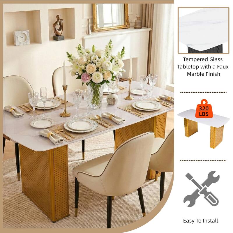 Modern Marble-Patterned Tempered Glass Dining Table, Rectangular Kitchen Table with Dual-Pedestal Metal Base