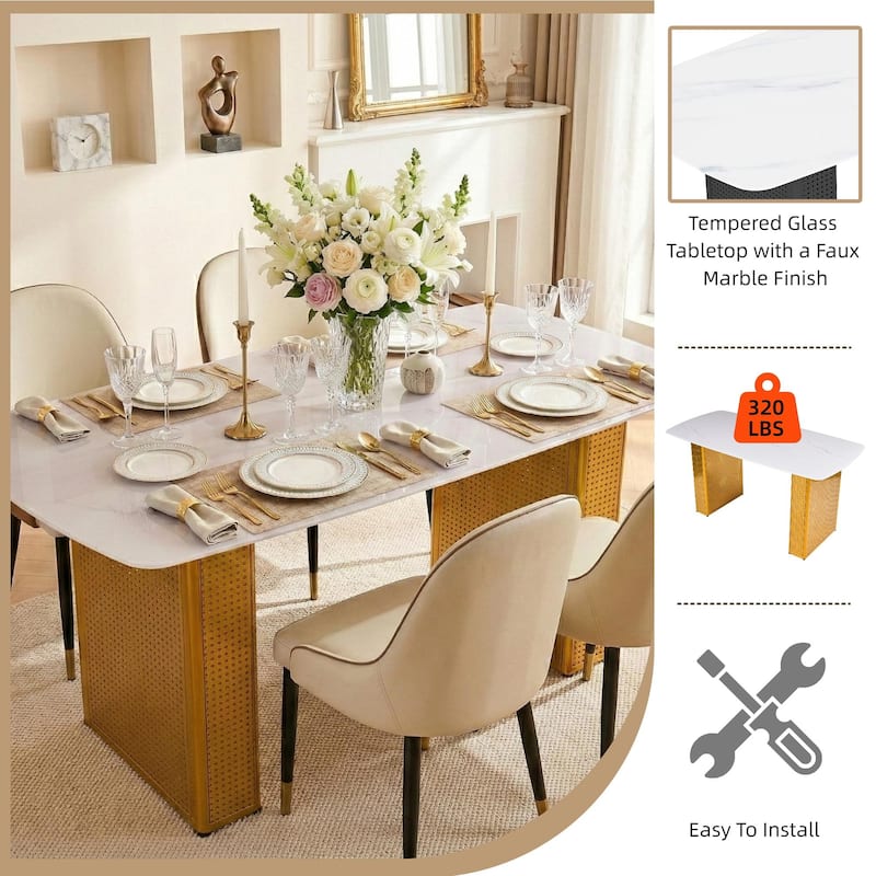 Modern Rectangular Tempered Glass Dining Table, Marble-Patterned Design with Gold Dual-Pedestal Metal Base for Dining Room