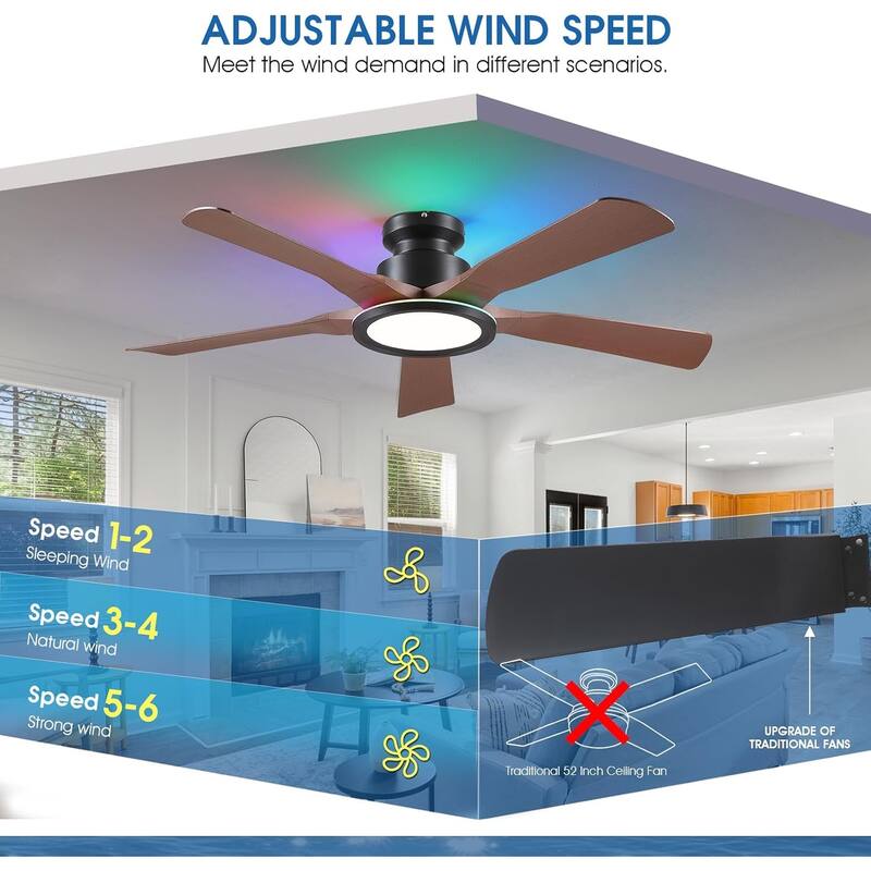 52 Inches RGB Flush Mount Ceiling Fan with Light,Reversible DC Motor - 52 Inches