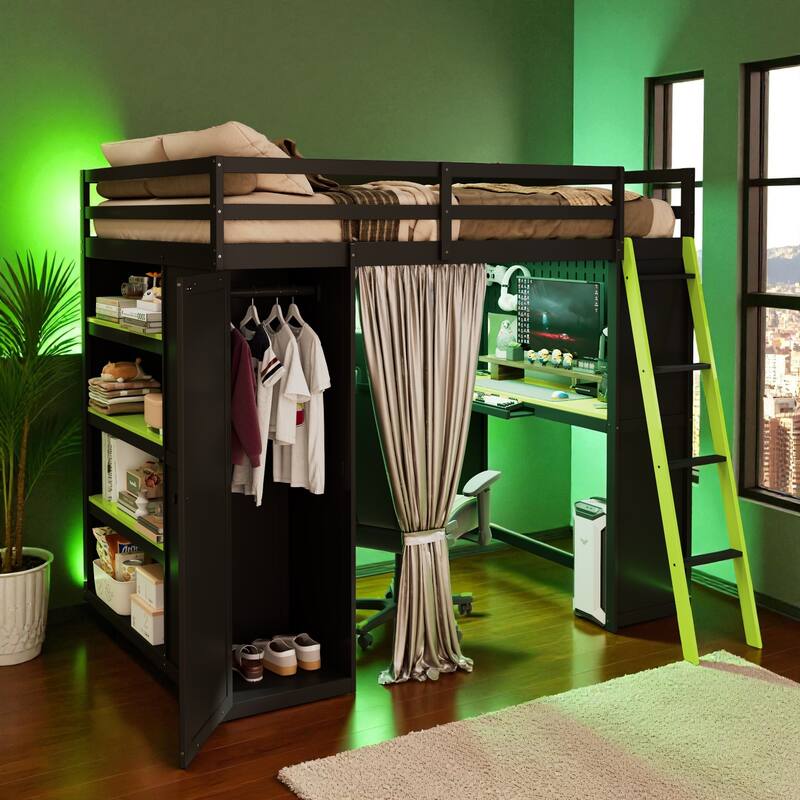 Full Size Loft Bed with Wardrobe, Desk, Shelves, Blackout Curtains & RGB Lights, Workstation with USB Port - Black Green - Full