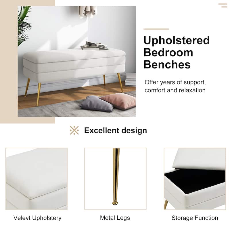 Modern Velvet Storage Ottoman Bench with Metal Legs
