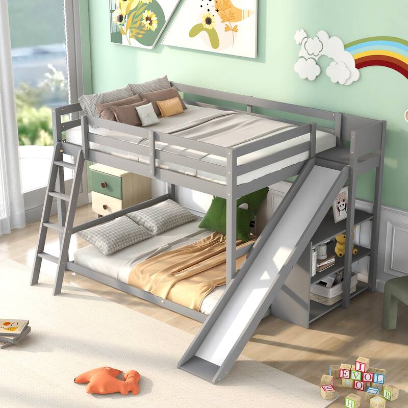 Full over Full Bunk Bed with Ladder, Slide and Shelves - Grey