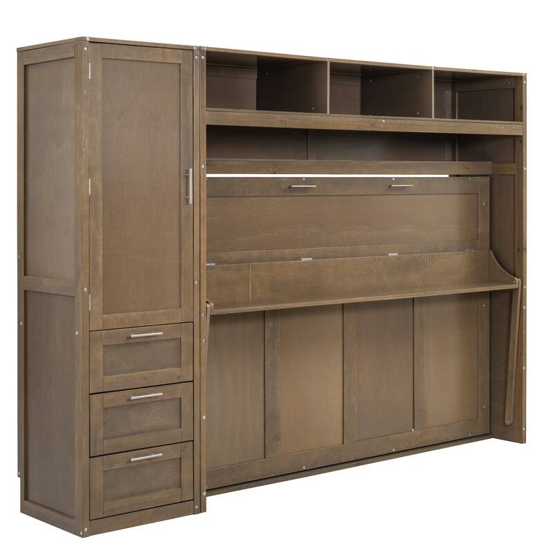Full Size Murphy Bed with Wardrobe, Drawers, Open Shelves