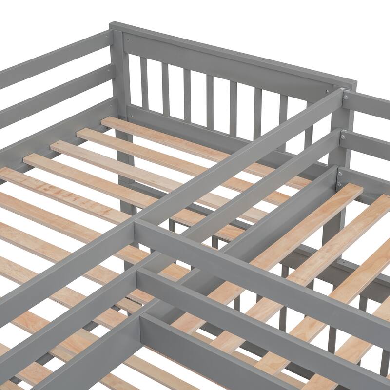 L-Shaped Bunk Bed, Twin-Twin Over Full Wood Bed with Wardrobe, Foldable Desk, Drawers and Shelves