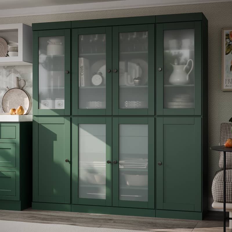 Palace Imports 100% Solid Wood 65" Pantry Cabinet with Frosted Glass, Shaker Doors, 2-Drawers and Adjustable Shelves - Green