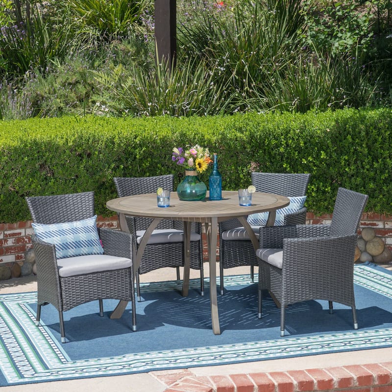 Albury Outdoor 5 Piece Acacia Wood and Wicker Dining Set by Christopher Knight Home - N/A - Grey