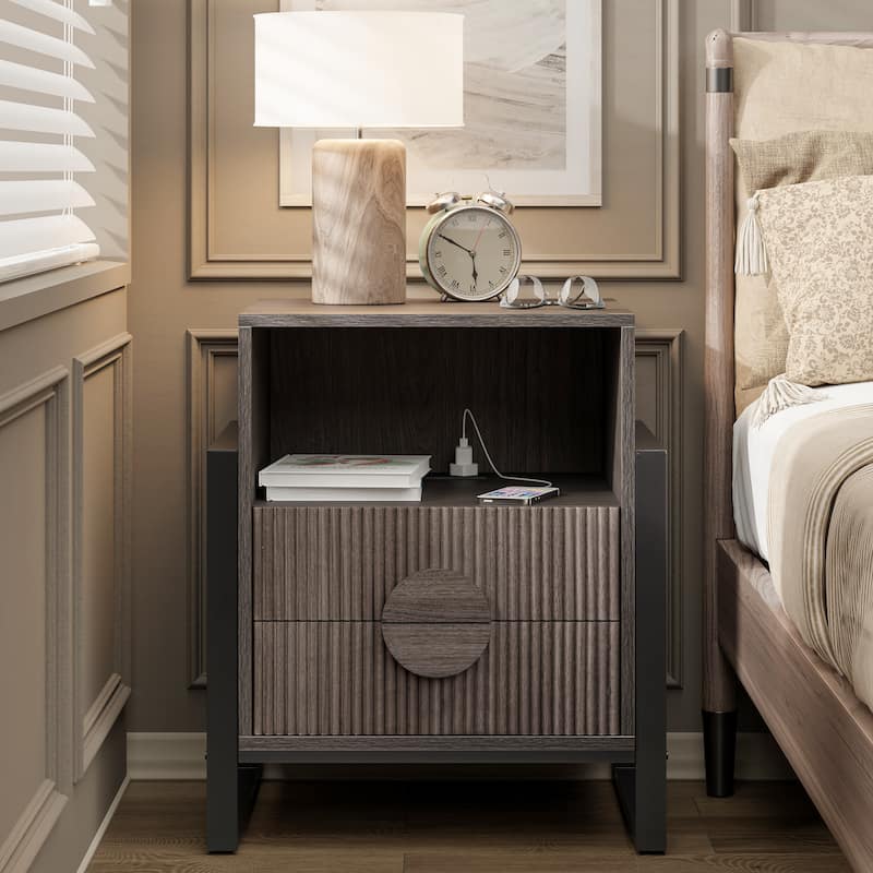 COZAYH Mid-Century Fluted 2-drawer Nightstand, Farmhouse Nightstand with USB Charging Ports, Grey Wash - Grey
