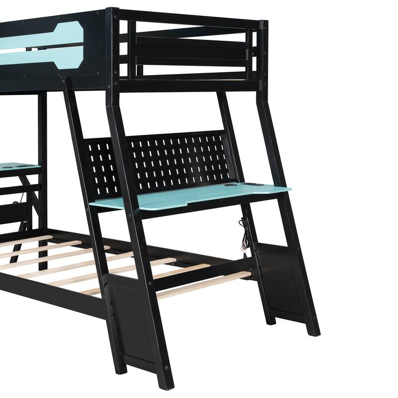 Twin Size Bunk Bed with Two Built-In Gaming Desks, USB Desktop Ports & Pegboard Organizer, Gaming Bunk Frame