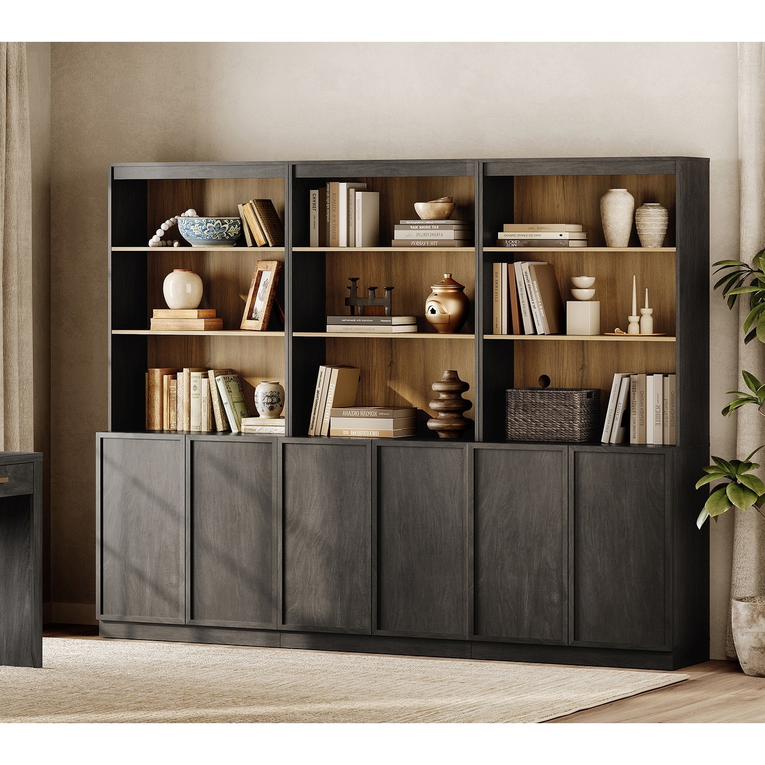 WAMPAT Modern 72" Tall Bookshelf with Storage Cabinet and Open Book Shelfs, Wood Book shelf for Home Office, Living room