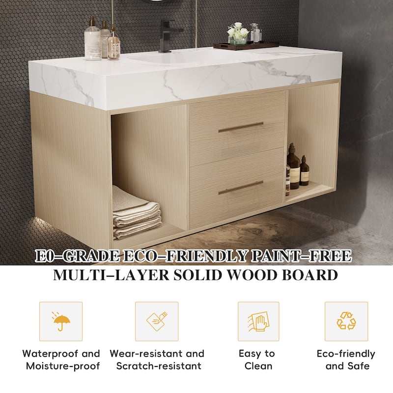 GDFStudio - Modern 39.4" Wall Mounted Floating Sintered Stone Bathroom Vanity with Seamless Ceramic Sink & Soft-Close Drawers