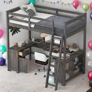 Full Size Loft Bed with U-shaped Desk,Drawers and Storage Shelves for Home