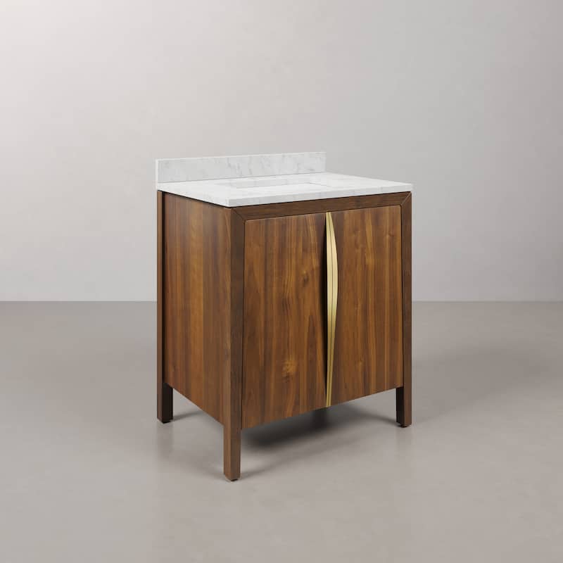 Ferrero 30 in. Single Sink Carrara White Marble Bath Vanity in Noir Juglans with Satin Gold Hardware