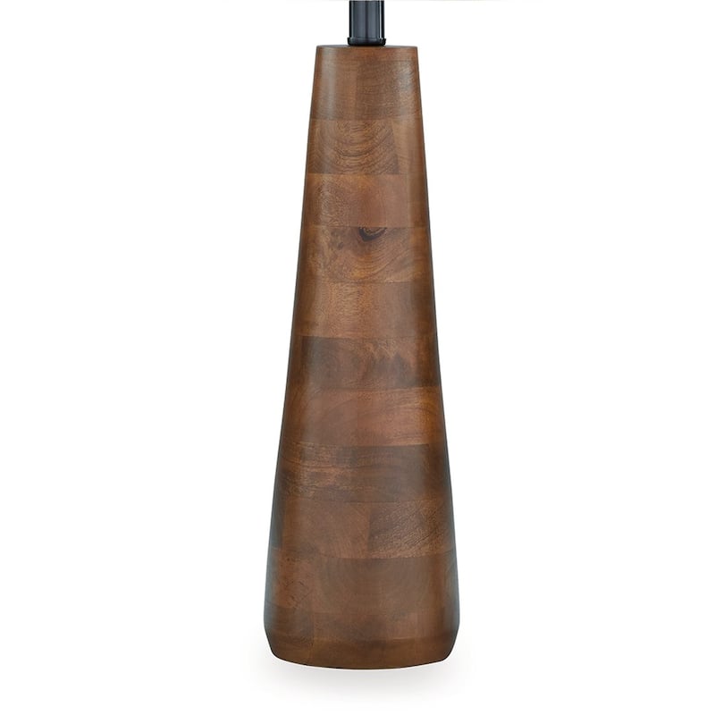 30 Inch Table Lamp, White Empire Fabric Shade, Tapered Brown Wood Frame