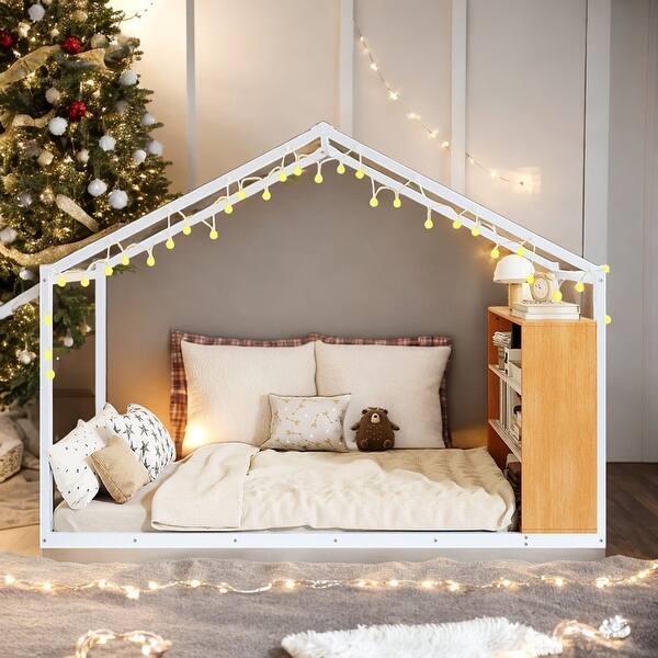 slide 2 of 12, Twin Size House Bed with Roof, Handy Side Shelves, and Warm LED Lights for Kids White