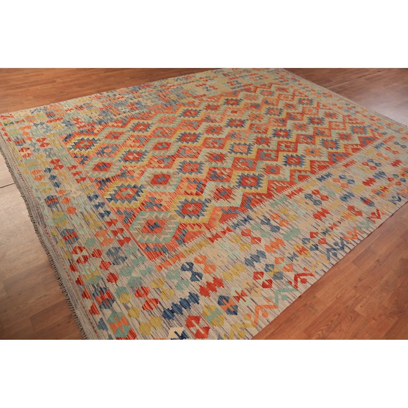 Geometric Kilim Reversible Area Rug Flatweave Wool Carpet - 8'5"x 11'2"