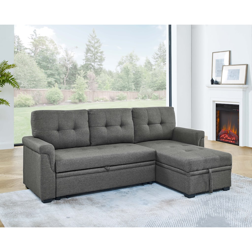 86'' Gray Polyester Pull-Out Sofa Bed, Reversible L/R