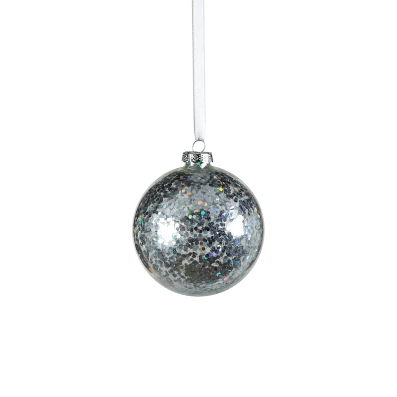 4" Silver Confetti Glass Holiday Ball Ornaments, Set of 6