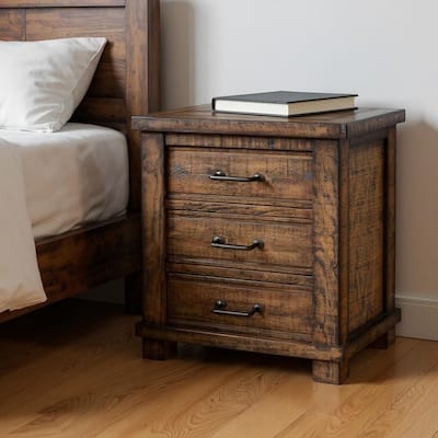 HomeRoots 26" Walnut Wood Distressed Three Drawer Nightstand