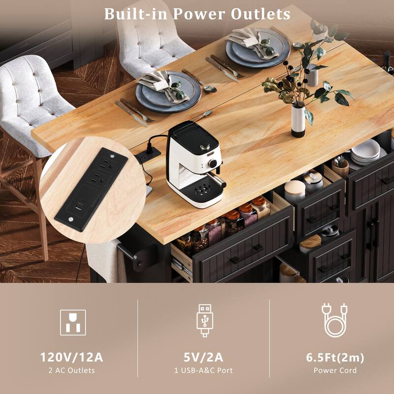 Modern Kitchen Island with Folding Board, 5 Drawers, Power Socket, Spice Rack and Towel Rack, for Kitchen