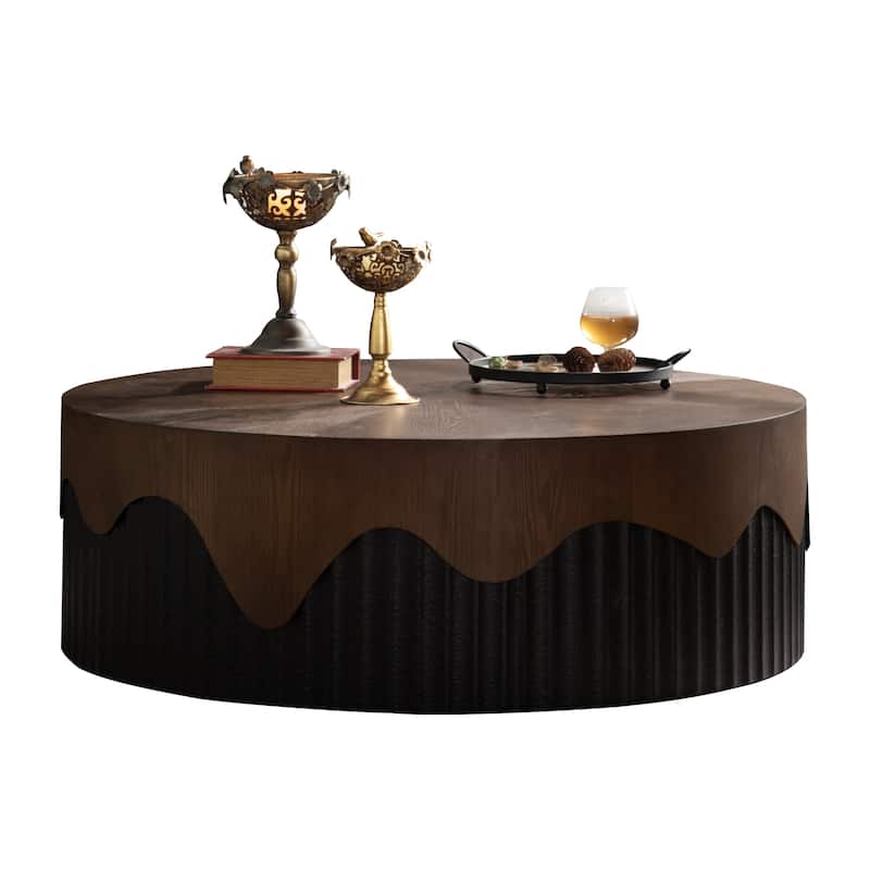 38.97" Round Coffee Table Handcrafted Relief Sturdy Pedestal Wooden Tea Table for Living Room no need to Assemble