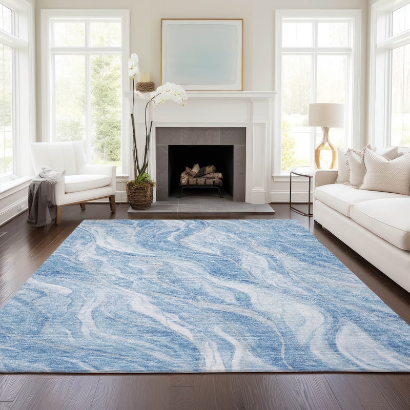 Machine Washable Indoor/ Outdoor Chantille Moden Waves Rug - Blue - 10' x 14'