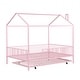 preview thumbnail 9 of 10, Full Size Metal House-Shaped Kids Bed Frame with Trundle and Fence, Sky Roof, Pink