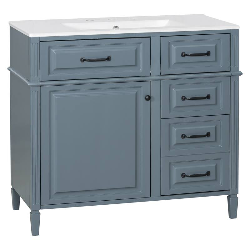 Roomfitters 36" Bathroom Vanity with Sink, Solid Wood Legs, 4 Drawers & Soft-Close Door with Storage Rack