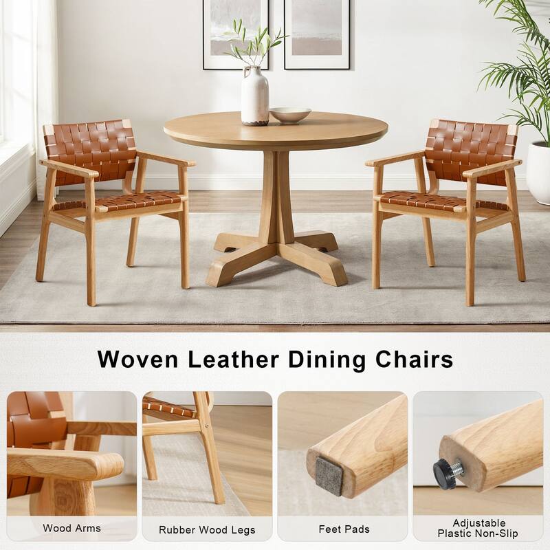 Woven Leather Dining Chairs with Solid Wood Frame - 29.7"H x 21.7"W x 22.8"D