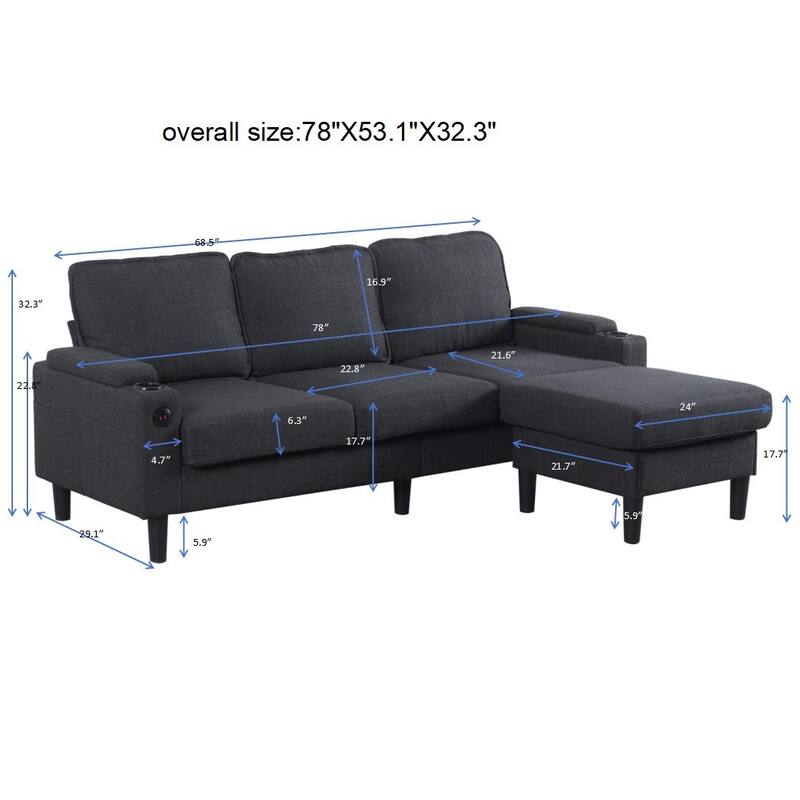 78" Fabric L-Shaped Sectional Sofa with USB, Ottoman & Magazine Bags (3-Seater)
