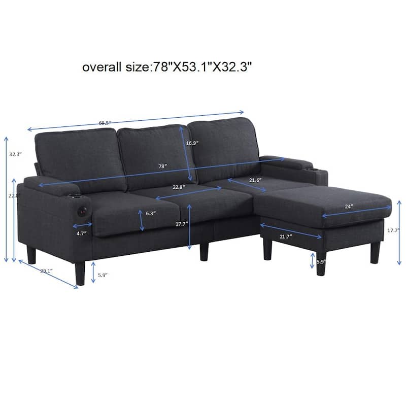 78'' Fabric L-Shaped 3-Seater Sectional Sofa with Storage Ottoman, USB Port, Cup Holders, and Magazine Bags