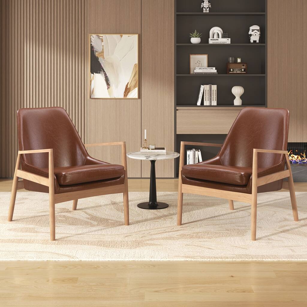 2PCS Solid Wood PU Armchairs