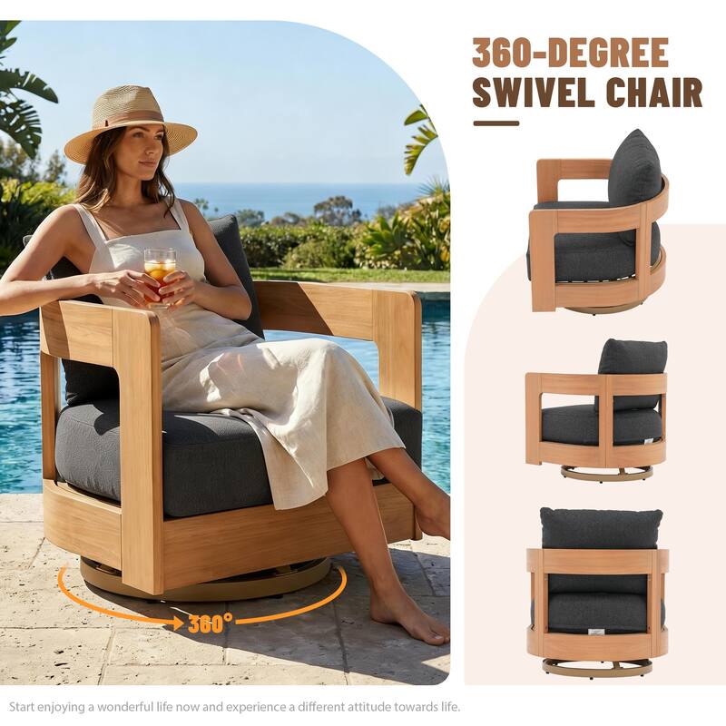 Outdoor 3-Piece Swivel Chair Conversation Set and Coffee Table in Eucalyptus Wood