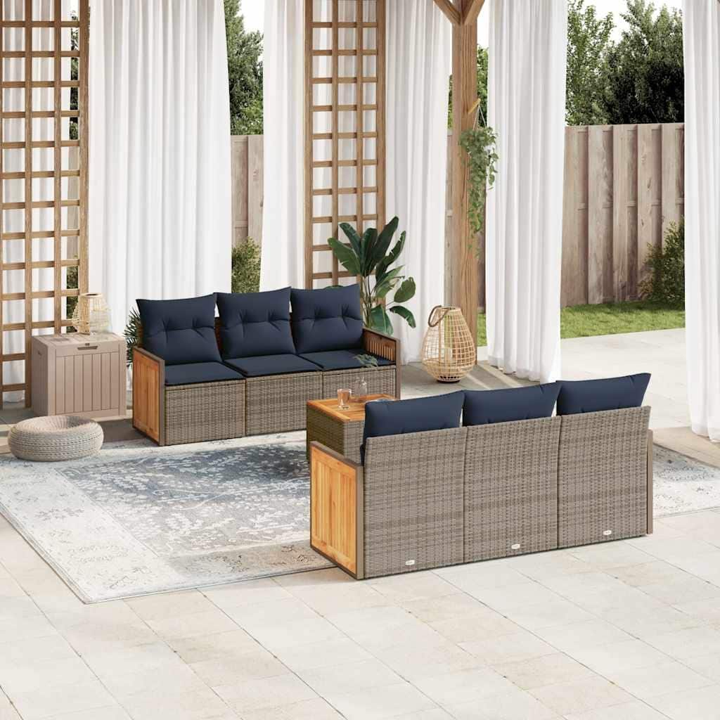 vidaXL 7 Piece Patio Sofa Set with Cushions Gray Poly Rattan - 139.3x27.2x93.8