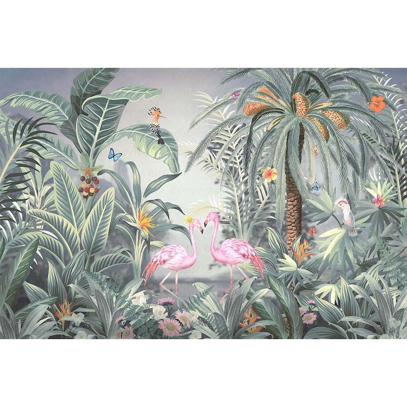 Vibrant Tropical Paradise Wallpaper Mural Flamingos Wildlife - Yellow - W:163" x H:110"