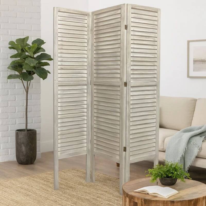 67 Inch 3 Panel Shutter Screen with Fitted Slats, Weathered White