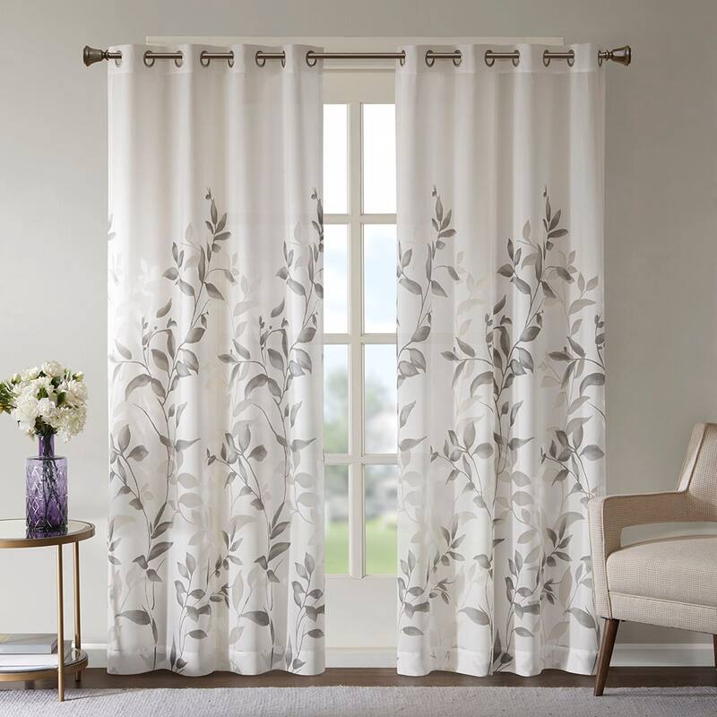 Rossetta Modern contemporary Semi-sheer base fabric botanical print burnout curtain, Only 1 Piece Panel - 50"W x 84"L - Grey+Multi
