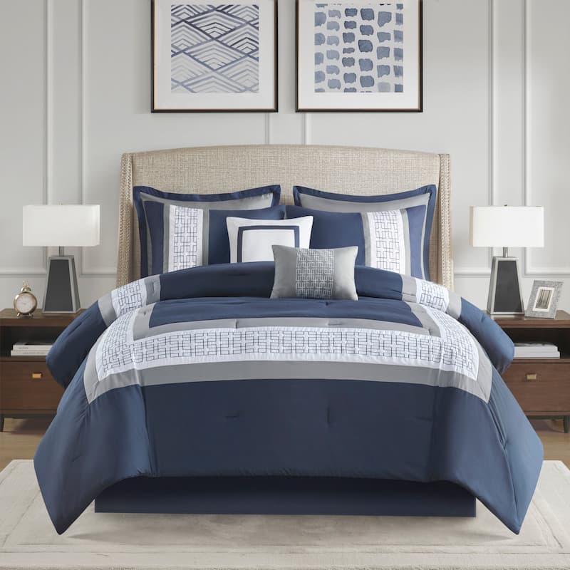 510 Design Kingwood Navy/ White 8 Piece Embroidered Comforter Set - Navy - Queen