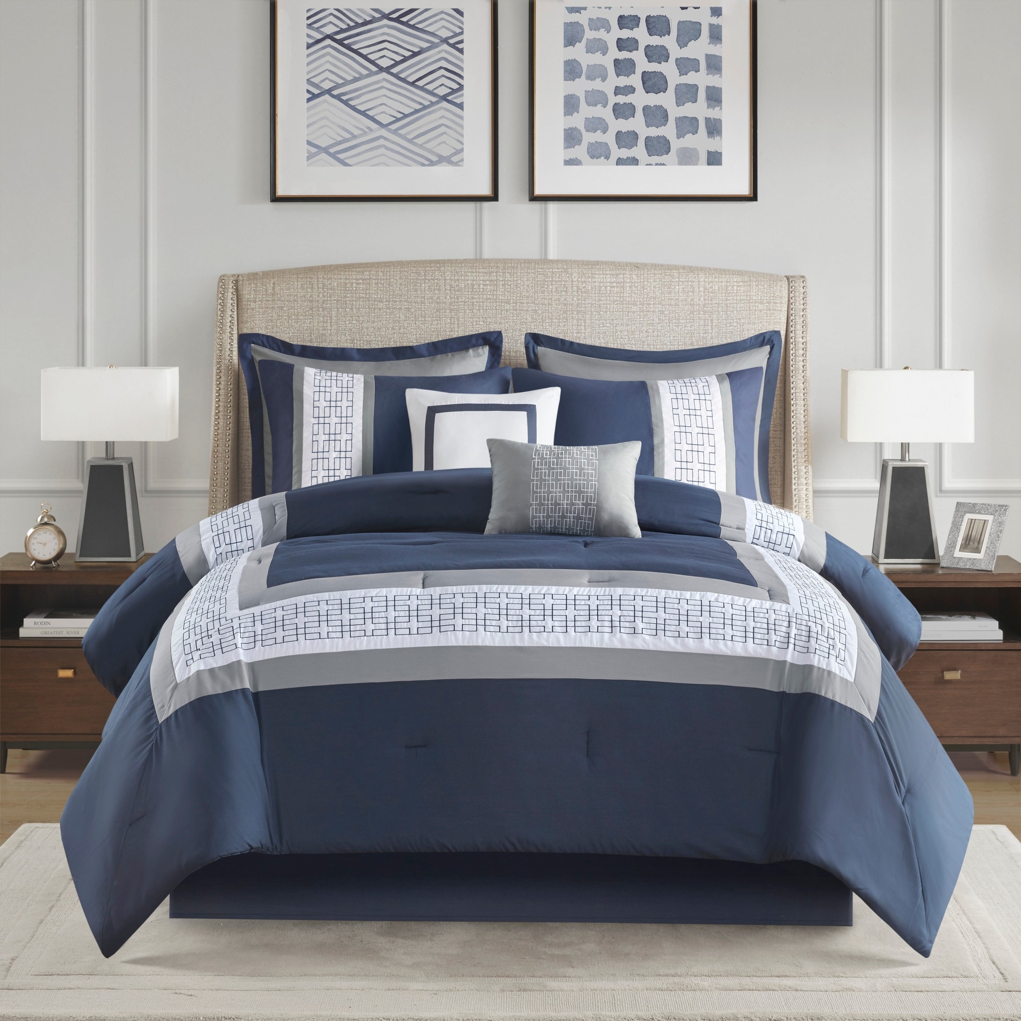 510 Design Powell Navy/ White 8 Piece Embroidered Comforter Set with Shams, Pillows
