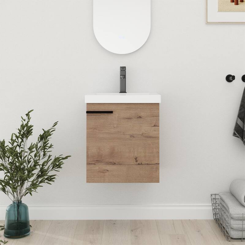 Bathroom Vanity With Sink In 16/18 Inch, Floating Bathroom Vanity With Soft Close Door - 18.11"W x 14.96"D x 20.87"H - Imitative Oak