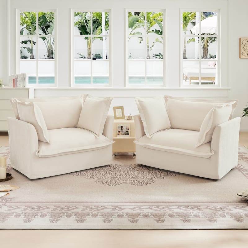 2-Piece Accent Chair with Deep Seat, Lounge Chair with High Back Pillows, Leisure Armchair with Removable Chenille Covers - Cream