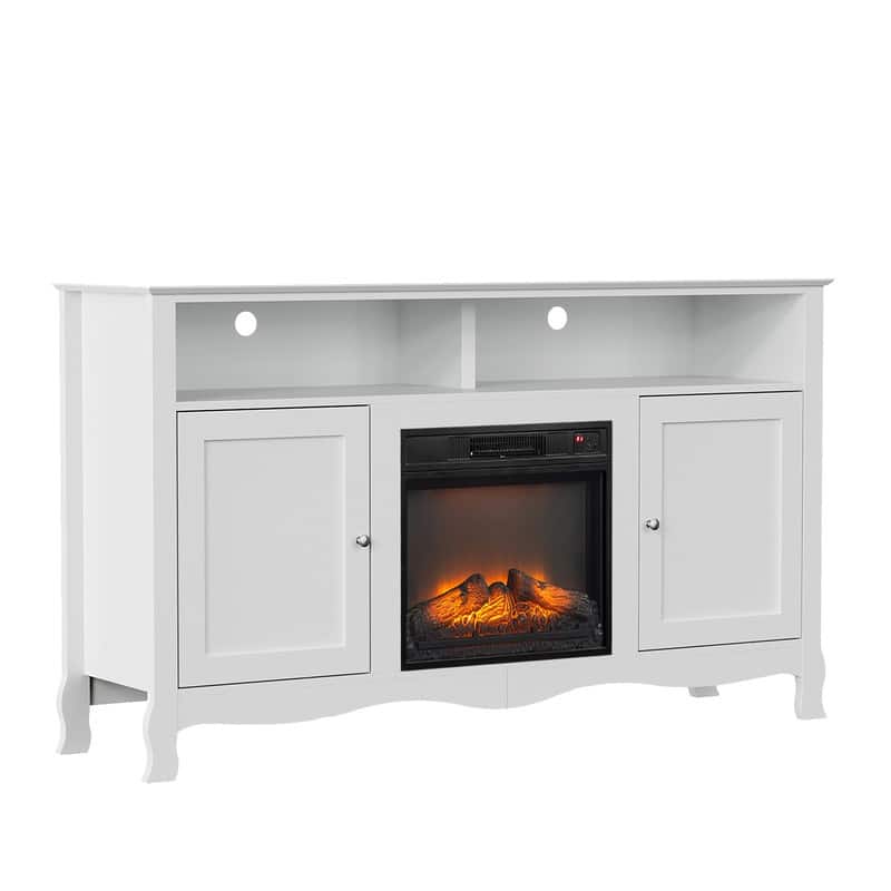 Farmhouse 58'' TV Stand For Tvs Up To 70'' With Electric Fireplace and Adjustable Shelves - White